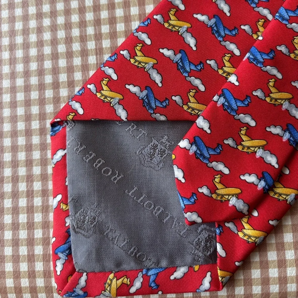 Robert Talbott Silk Print Tie - Airplanes red. Hand‎ sewn Made in USA. Classic